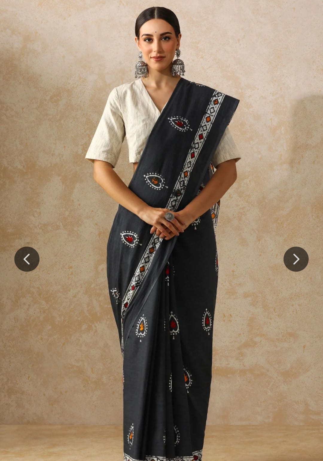 Cotton Mulmul Saree in black leaf motif – Pure cotton handblock printed saree wholesale by Fabtexs